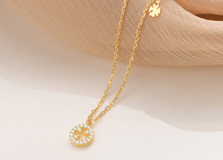 S925 Silver Diamond Clover Element Round Necklace Elegant Sweet Style Clavicle Chain Female