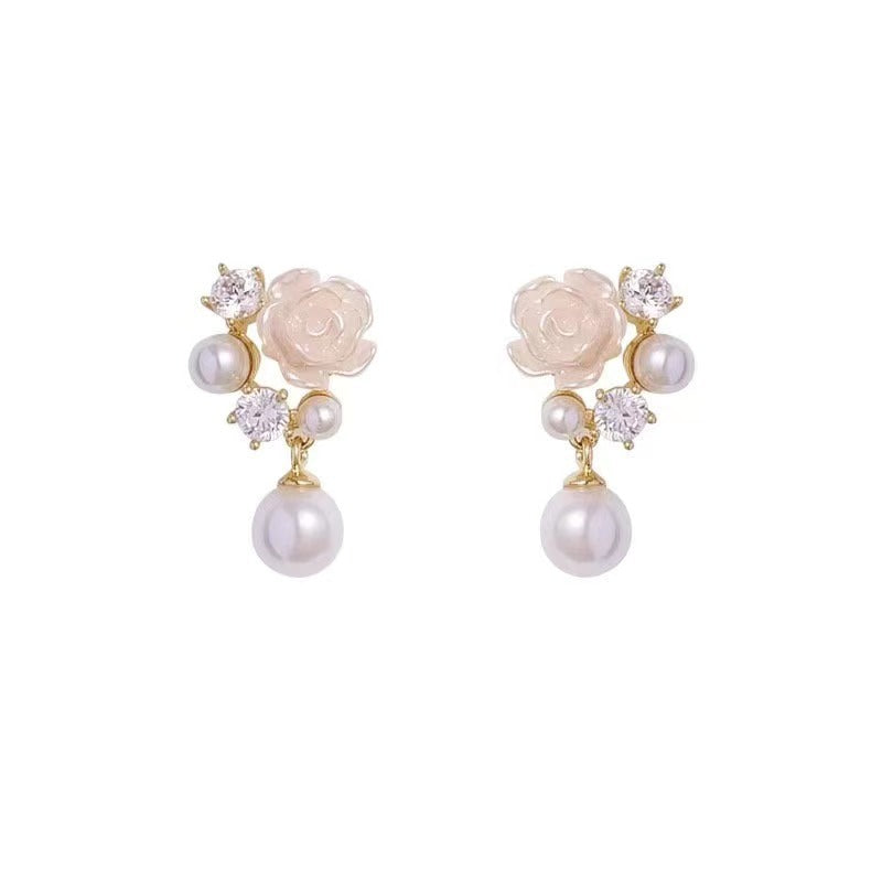 Camellia Pearl Zircon Small Eardrops Earrings Fashion