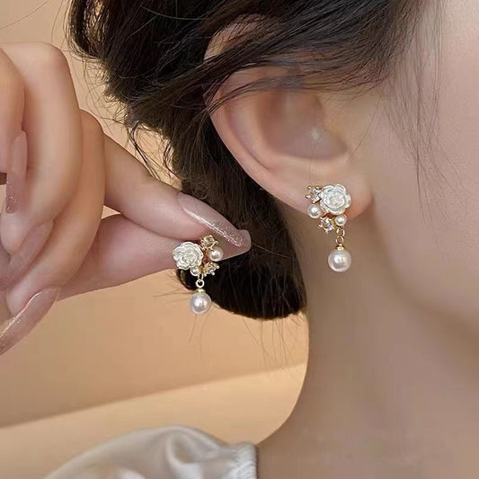 Camellia Pearl Zircon Small Eardrops Earrings Fashion