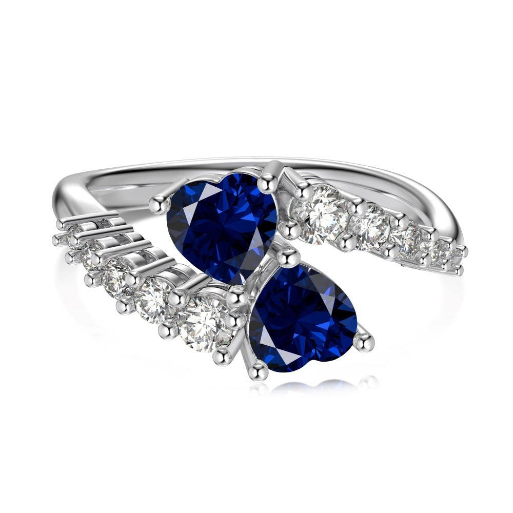 S925 Sterling Silver Blue Heart Shaped Love Stitching Design Round Zirconium Inlaid Minority Fashion Ring