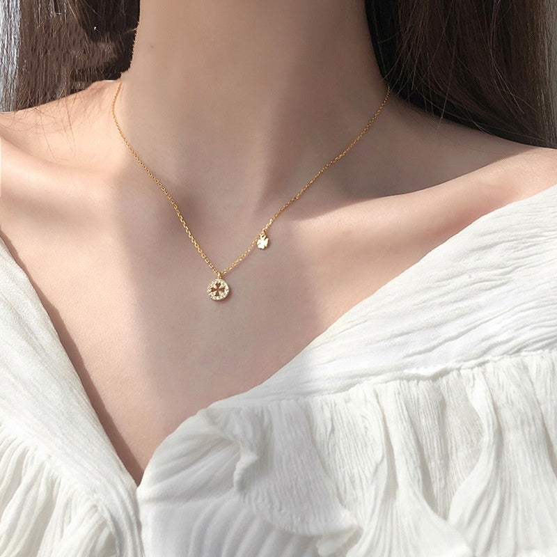 S925 Silver Diamond Clover Element Round Necklace Elegant Sweet Style Clavicle Chain Female