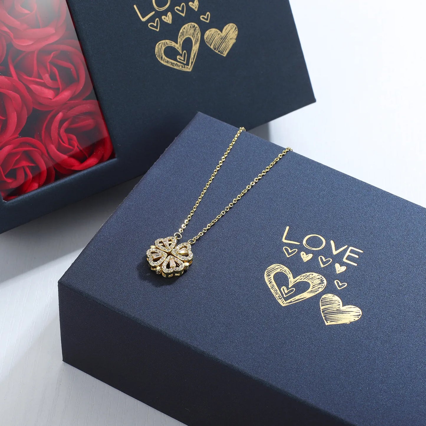 Rose Gift Box Four -leaf Grass Necklace Heart Necklace