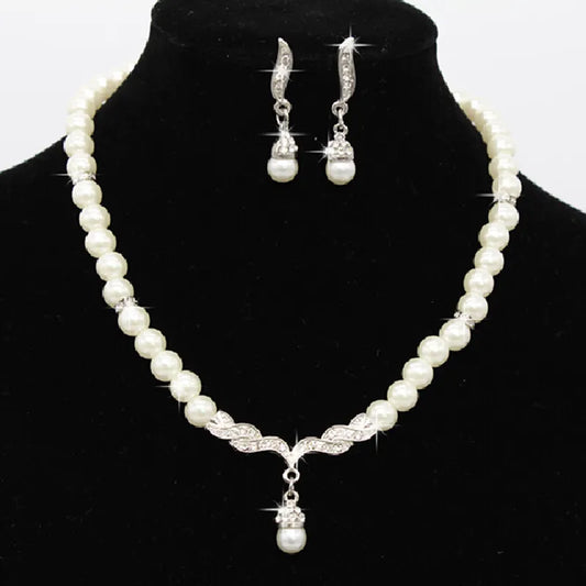 3pcs/set Women Bridal Elegant Pearl Rhinestone Necklace.earrings