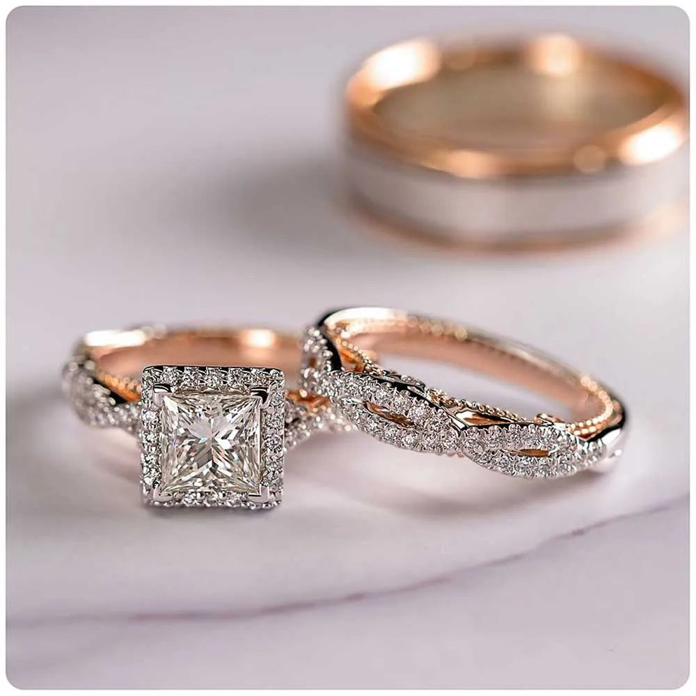 Luxury Princess Cubic Zircon Bridal Marriage Set Rings