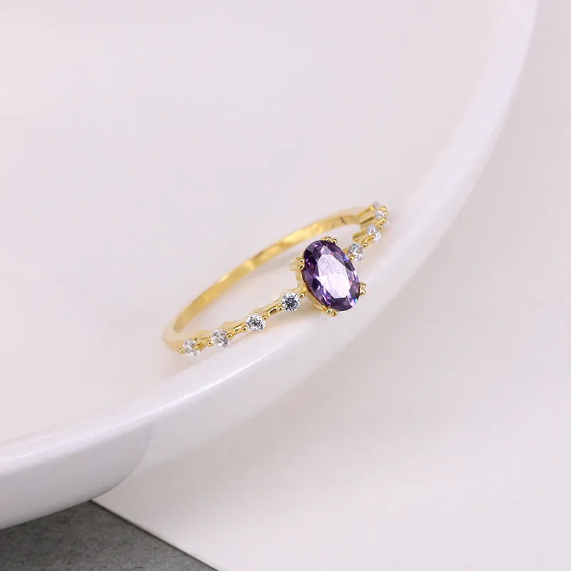 Simple Egg Shape Purple Crystal Gold Rings for Women Rings