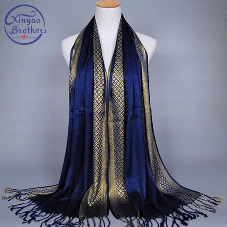 2024 Plain fashion print glitter tassels cotton lurex plaid stripe scarf