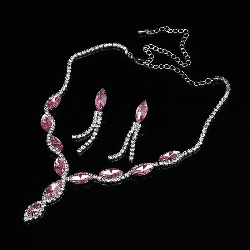 Fashion  Wedding Jewelry Sets Charm Pink Crystal Choker Necklace Earrings Set