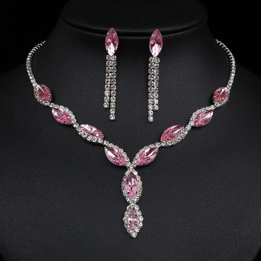 Fashion  Wedding Jewelry Sets Charm Pink Crystal Choker Necklace Earrings Set