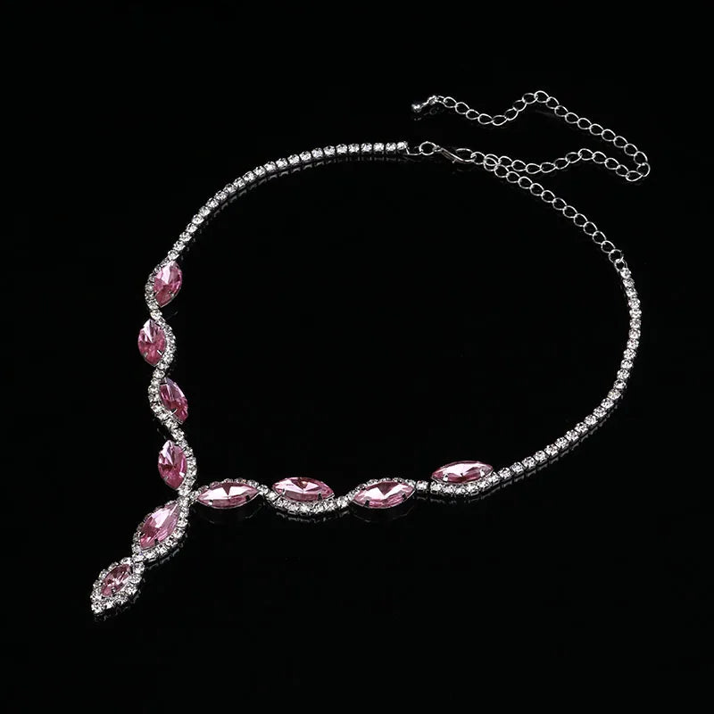 Fashion  Wedding Jewelry Sets Charm Pink Crystal Choker Necklace Earrings Set