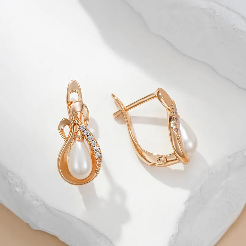 Rose Gold Color Drop Shape Pearl Zircon Earrings