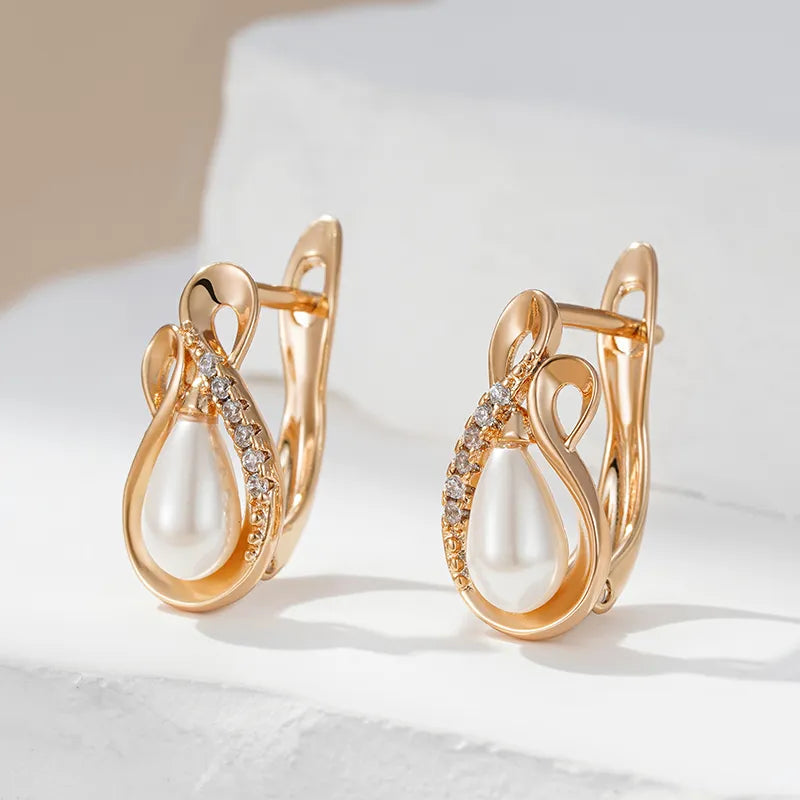 Rose Gold Color Drop Shape Pearl Zircon Earrings