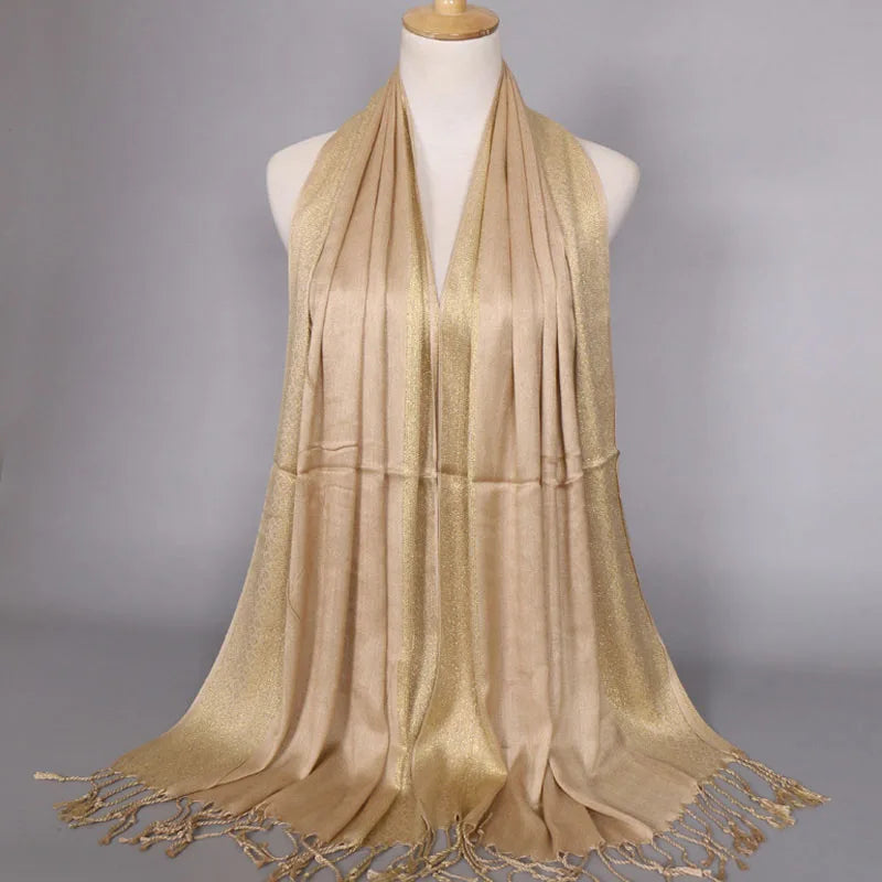 Fashion Gold Thread Tassel Shawl Shining Hijab Scarf