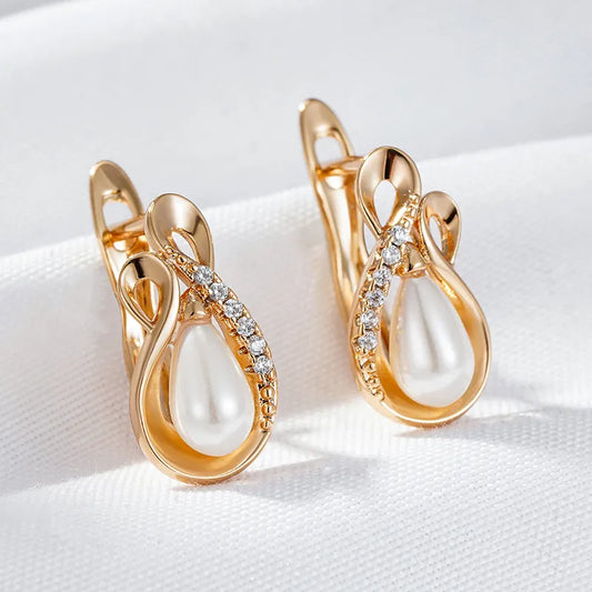 Rose Gold Color Drop Shape Pearl Zircon Earrings