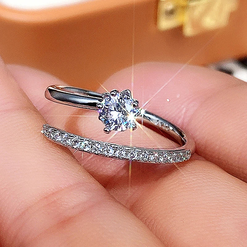 Fresh Silver Color Female Finger Rings Opening Adjustable Ring with Shiny Cubic Zirconia