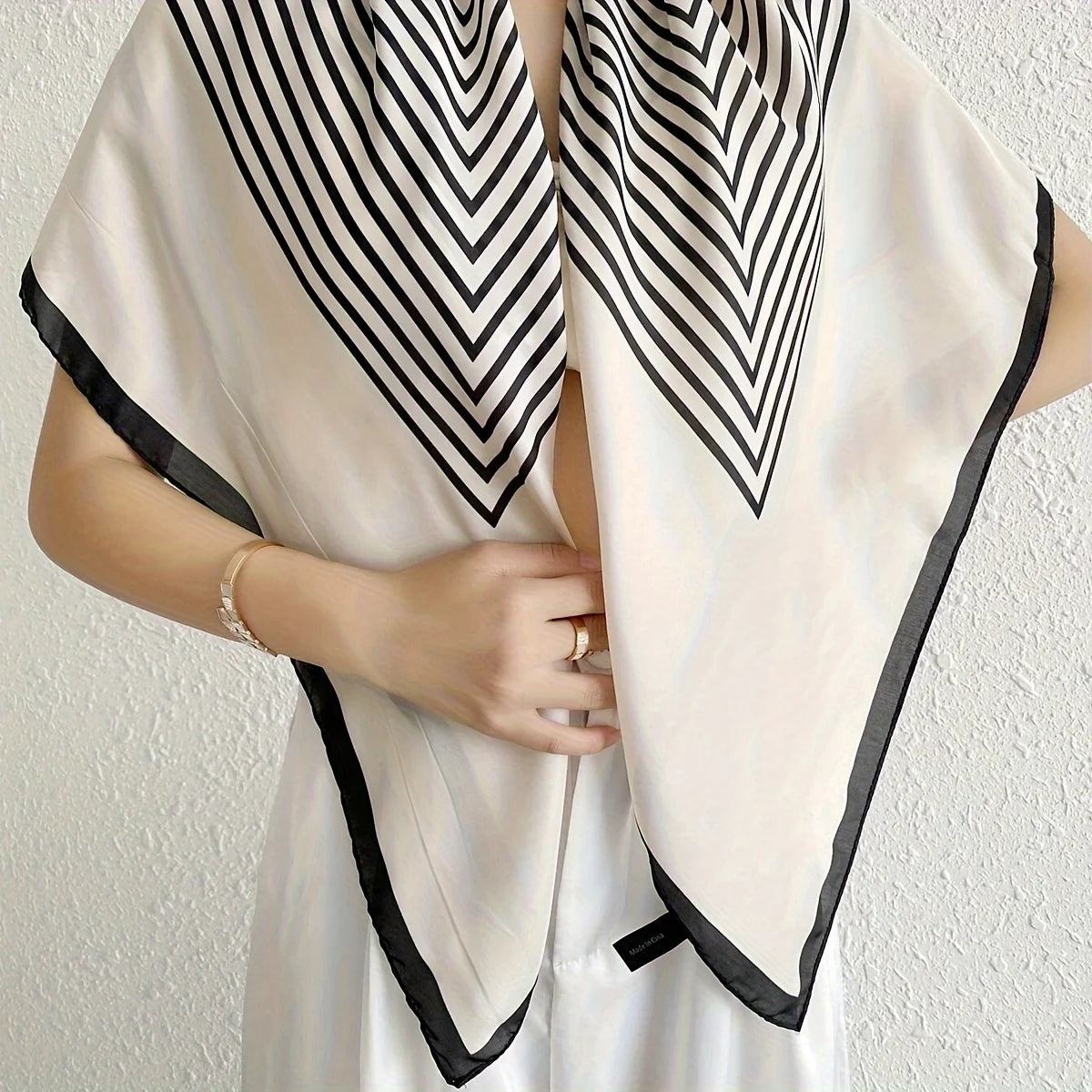 Black/White Striped Square Scarf, Elegant For Women