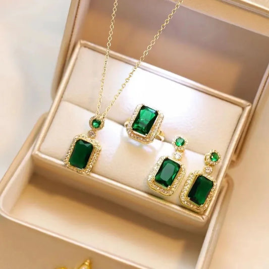 3-piece Set Luxury Fashion Emerald Perfume Bottle Necklace Earrings Ring