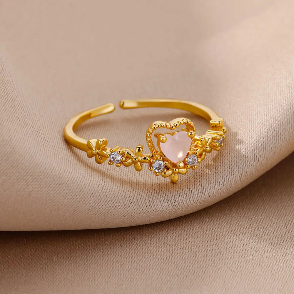 Trend Pink Zircon Love Heart Charm Adjustable Rings For Women