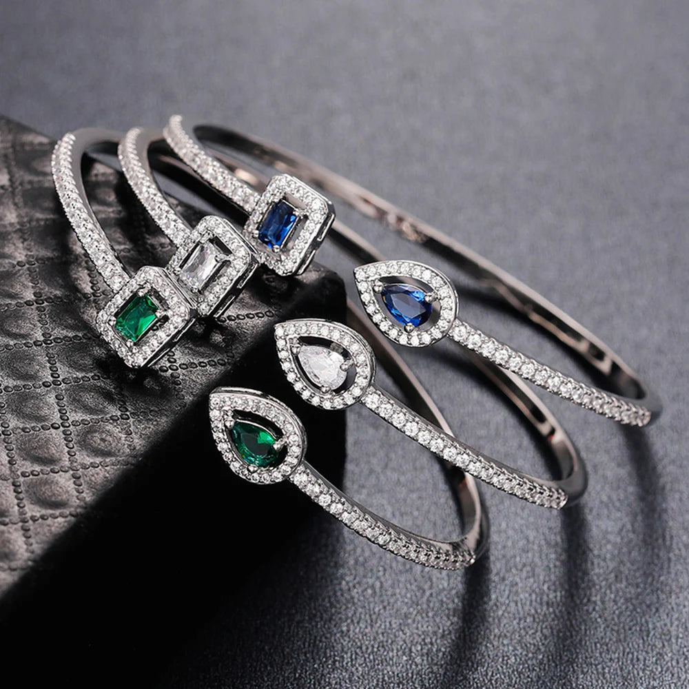 Luxury Green/White/Blue Cubic Zirconia Cuff Bracelet Bangle for Women