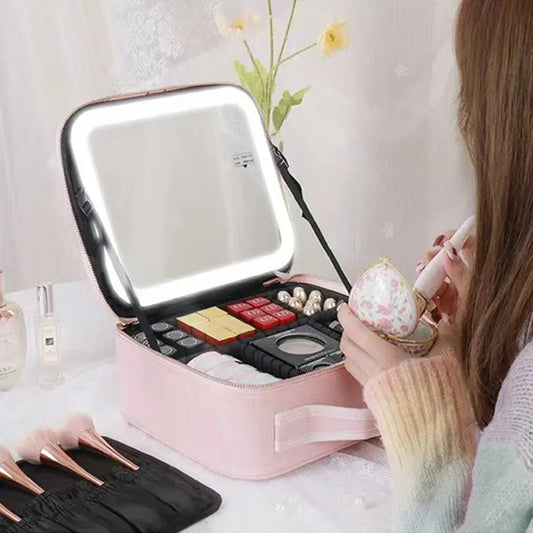 New LED Lighted Cosmetic Case with Mirror Waterproof Leather Travel Makeup Storage Bags