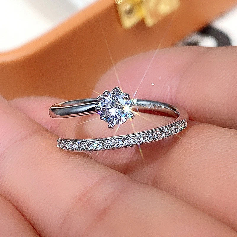 Fresh Silver Color Female Finger Rings Opening Adjustable Ring with Shiny Cubic Zirconia