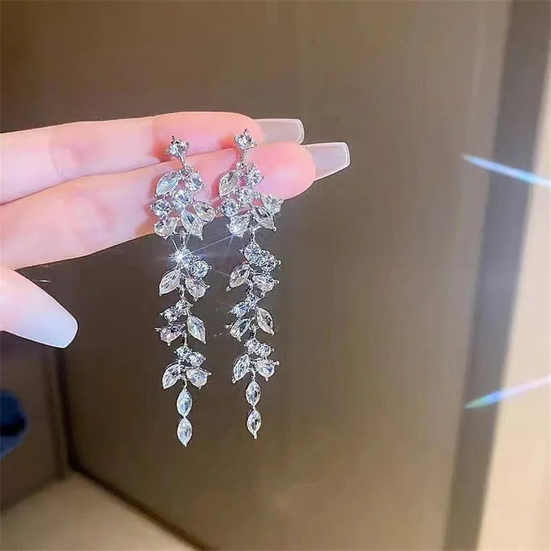 Luxury Leaf Crystal Long Earrings Women