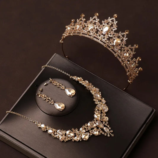 Style Vintage Classical Champagne-color Ladies' Tiara Necklace Earrings 4 Pcs Set For Wedding Bride