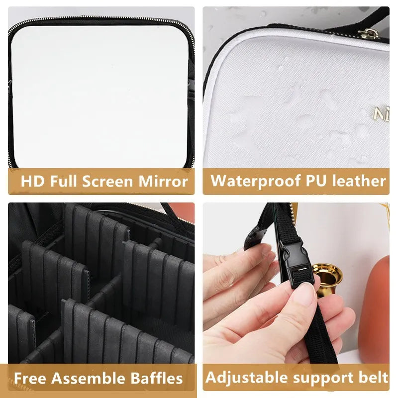 New LED Lighted Cosmetic Case with Mirror Waterproof Leather Travel Makeup Storage Bags