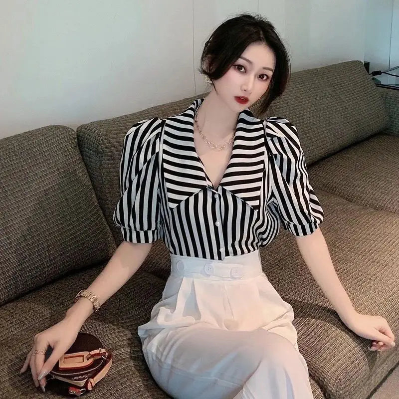 Striped Shirts Women Vintage Elegant Puff Sleeve