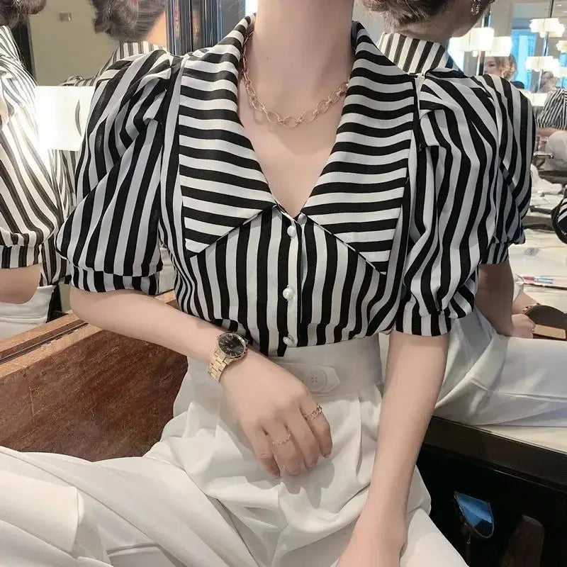 Striped Shirts Women Vintage Elegant Puff Sleeve