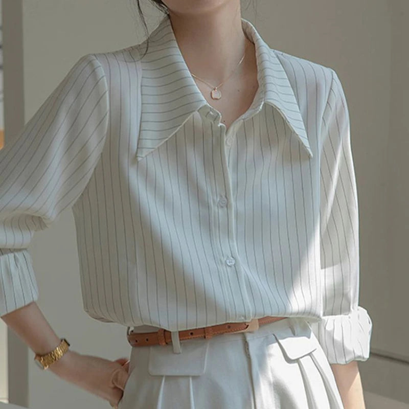 Striped Women Shirts French Long Sleeve Shirt