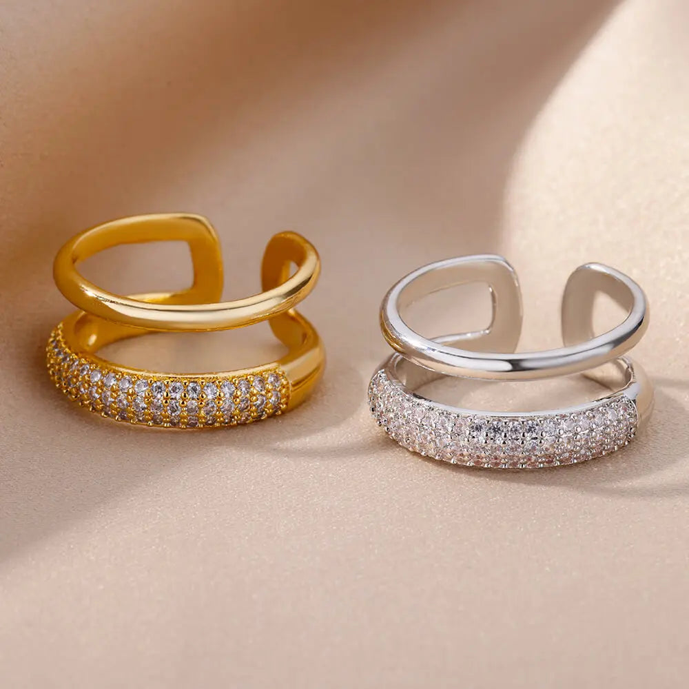 Zircon Round Double Layer Ring Gold Plated