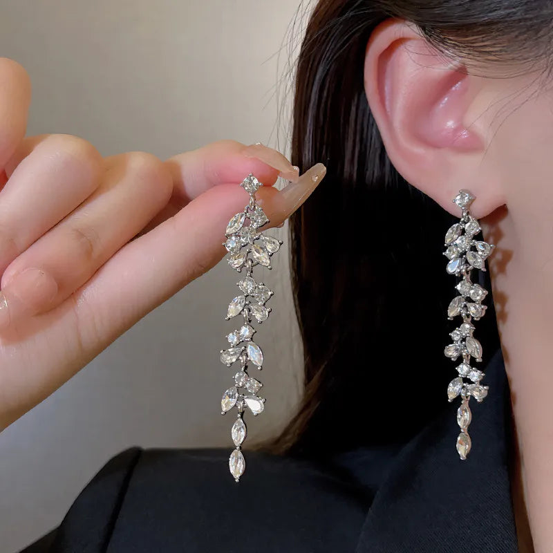 Luxury Leaf Crystal Long Earrings Women