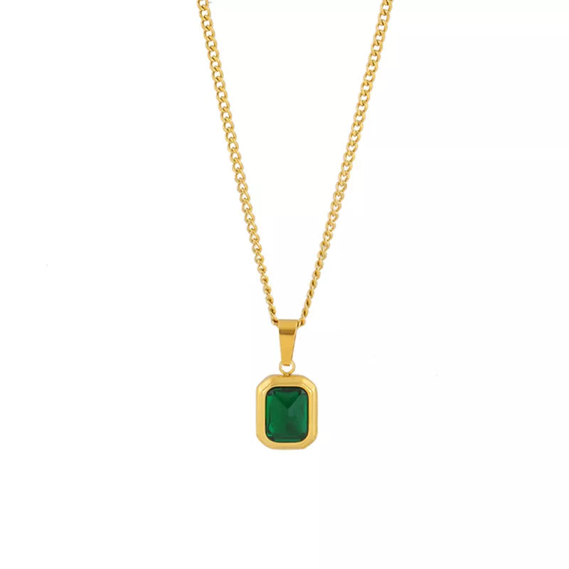 Retro Square Green Zircon Pendant Necklace