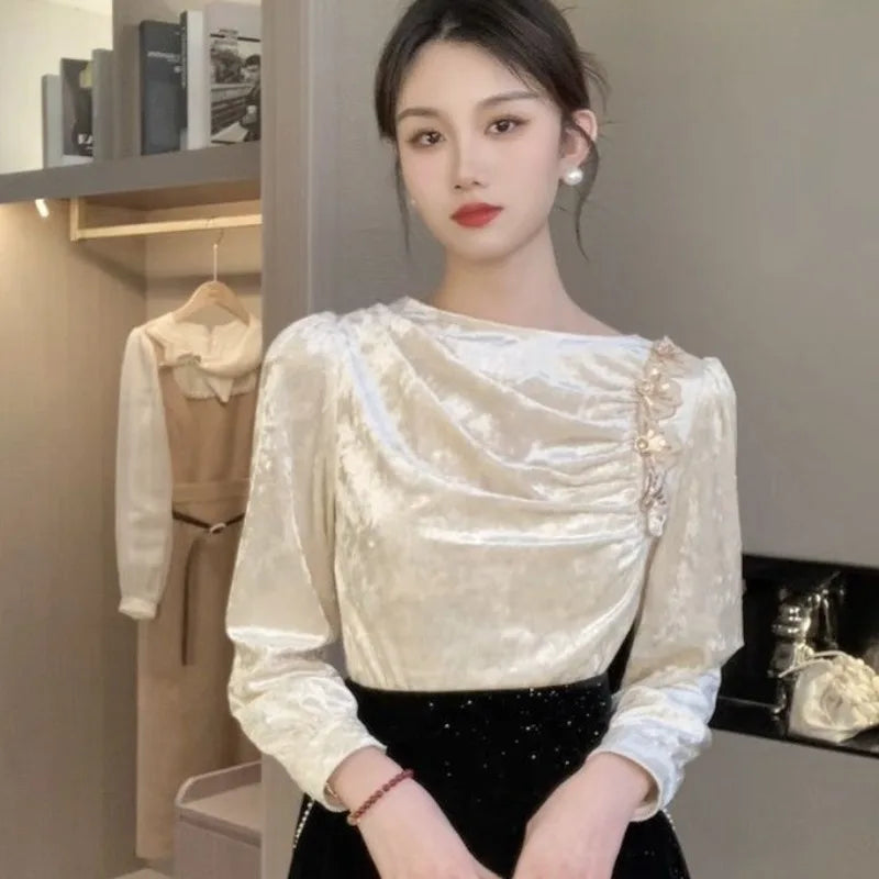 Elegant Blouse Women Pleated Design O-neck French Style