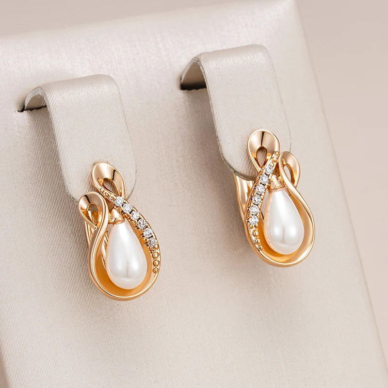 Rose Gold Color Drop Shape Pearl Zircon Earrings