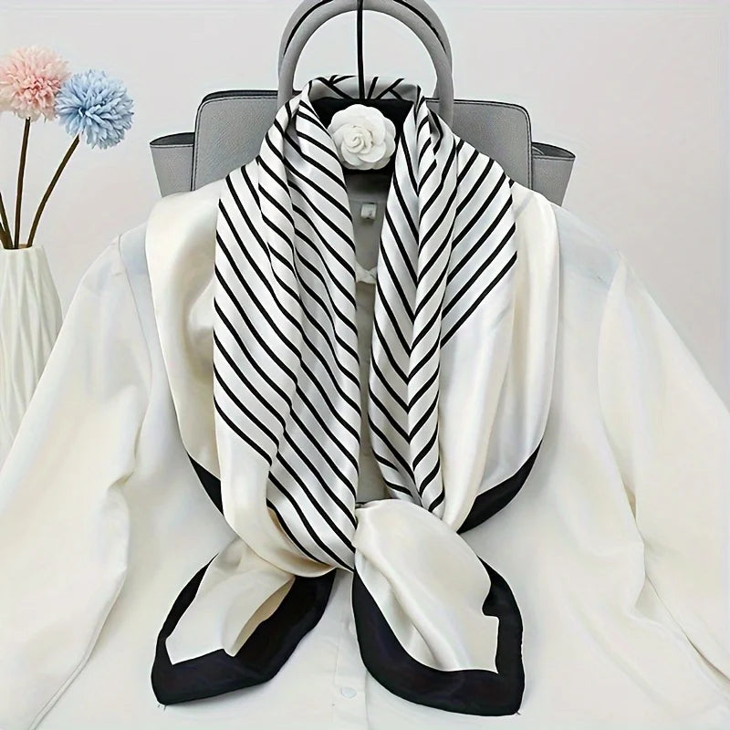 Black/White Striped Square Scarf, Elegant For Women