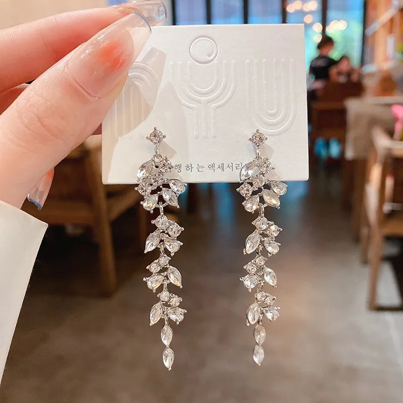 Luxury Leaf Crystal Long Earrings Women