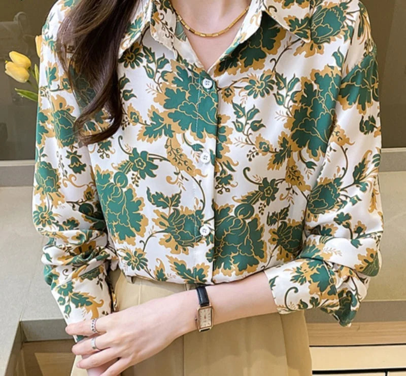 Green Shirts for Women Flower Printed Vintage Elegant