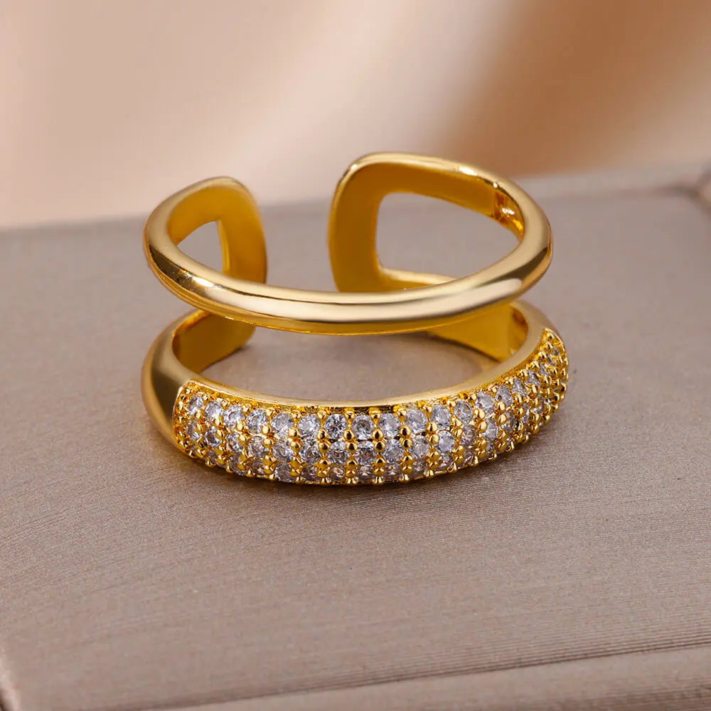 Zircon Round Double Layer Ring Gold Plated