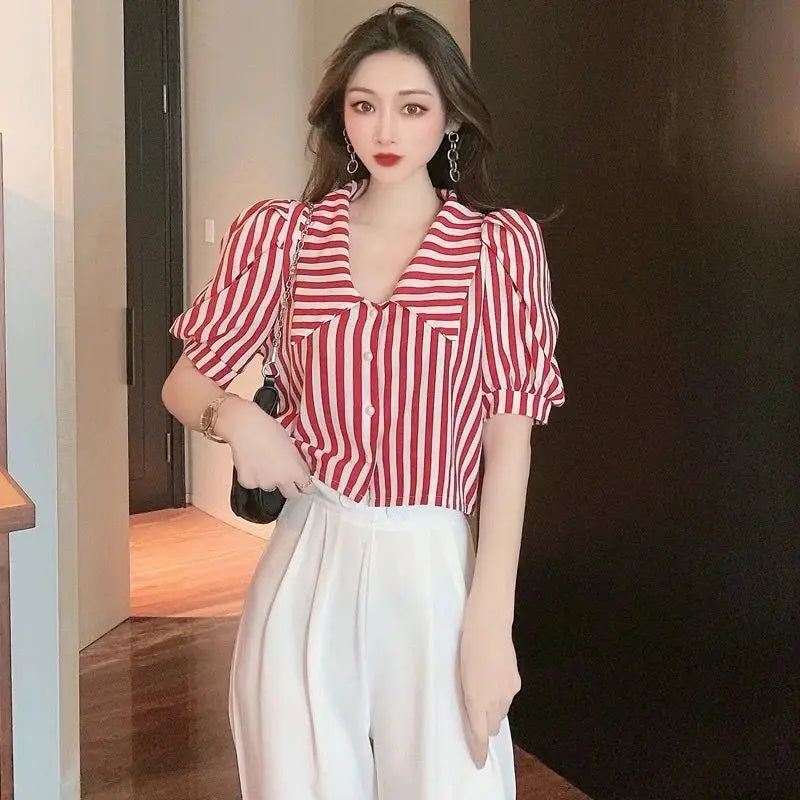 Striped Shirts Women Vintage Elegant Puff Sleeve