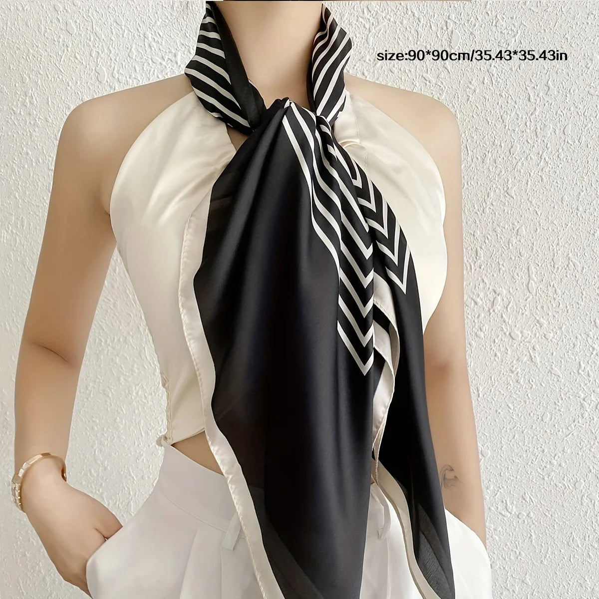 Black/White Striped Square Scarf, Elegant For Women