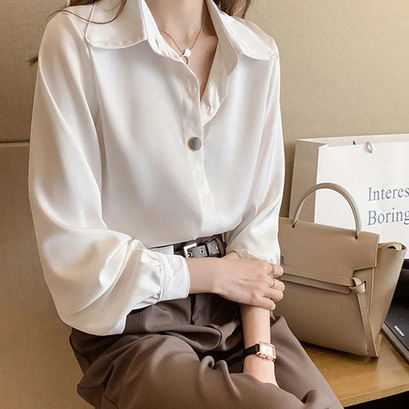 White Shirts Women Vintage Single Breasted Loose Elegant Office Female