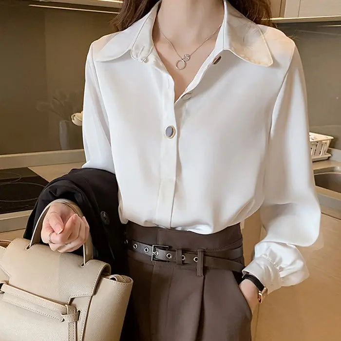 White Shirts Women Vintage Single Breasted Loose Elegant Office Female