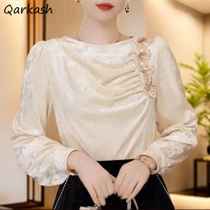 Elegant Blouse Women Pleated Design O-neck French Style