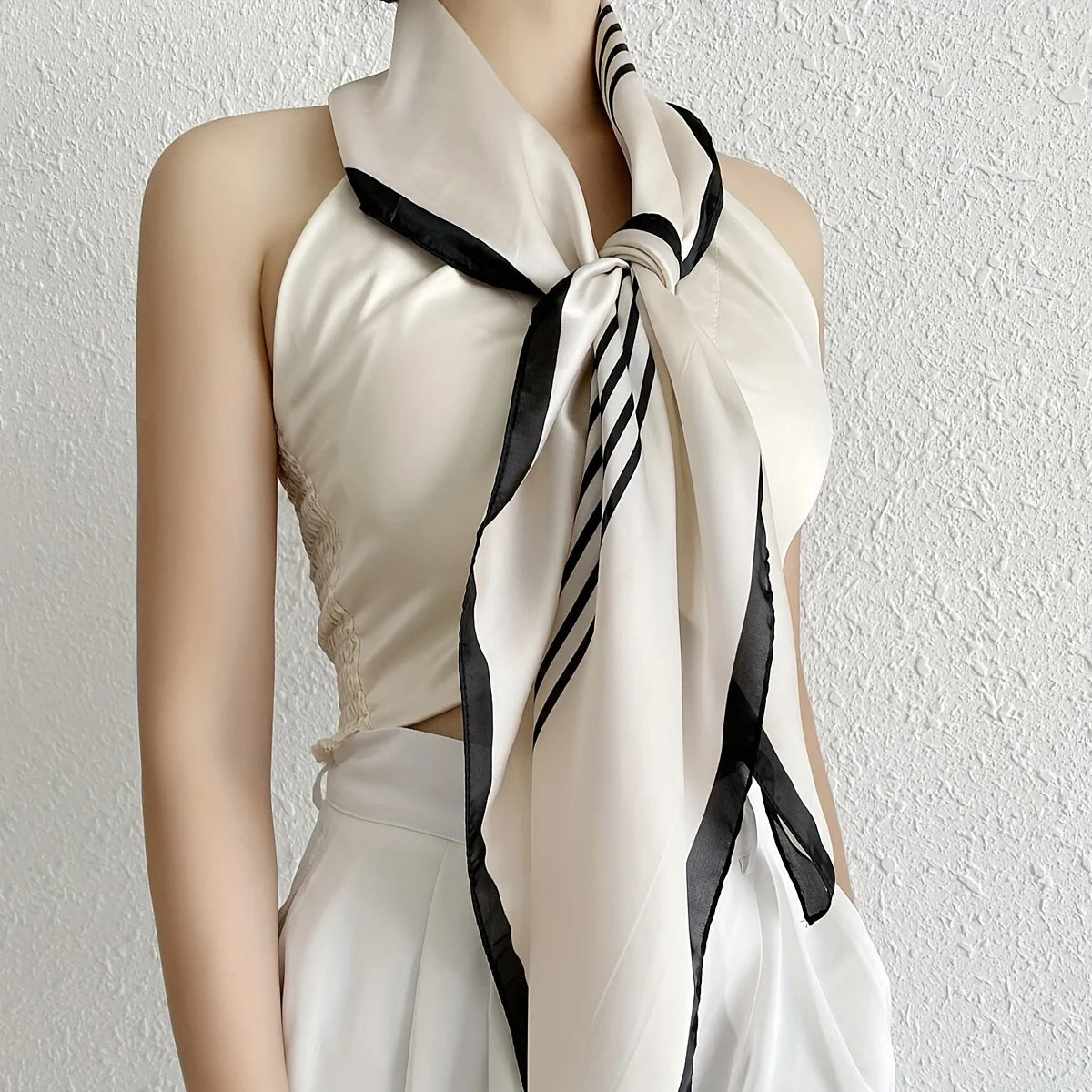 Black/White Striped Square Scarf, Elegant For Women