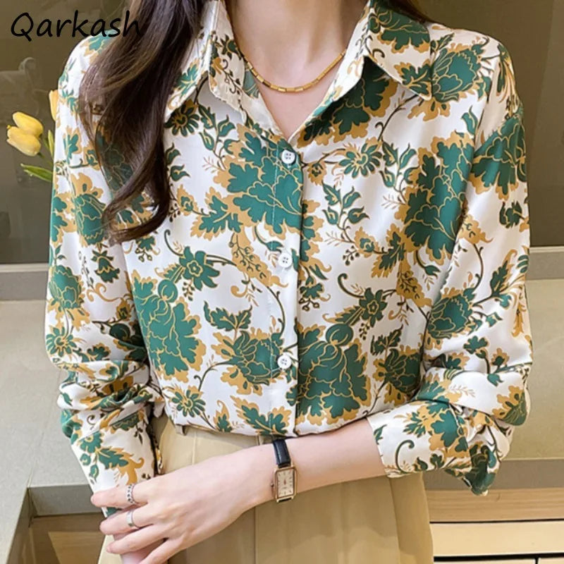 Green Shirts for Women Flower Printed Vintage Elegant