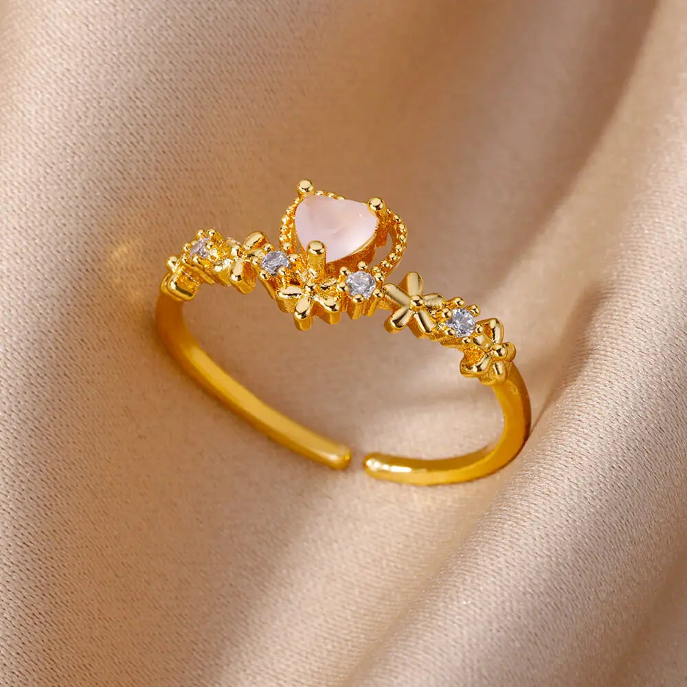 Trend Pink Zircon Love Heart Charm Adjustable Rings For Women