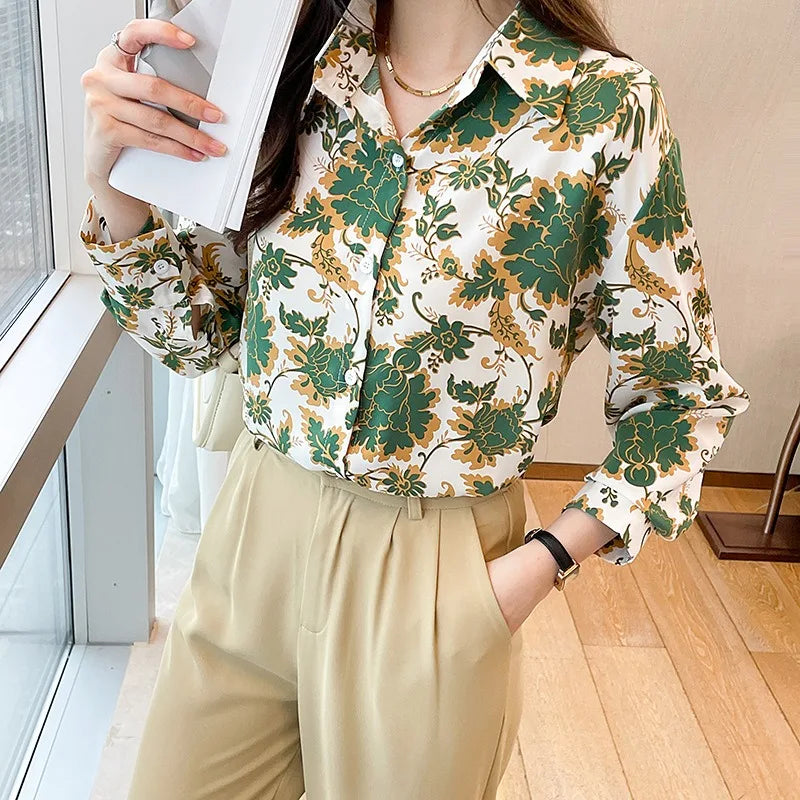 Green Shirts for Women Flower Printed Vintage Elegant