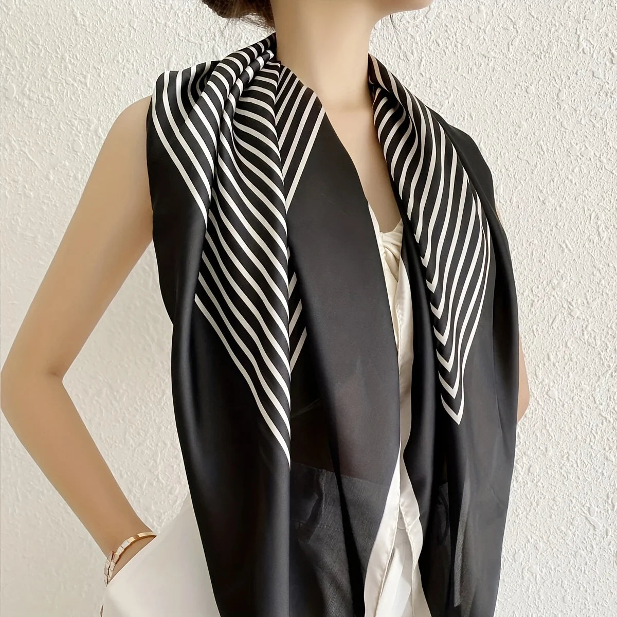 Black/White Striped Square Scarf, Elegant For Women