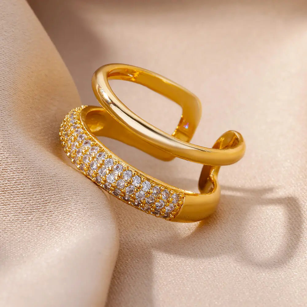 Zircon Round Double Layer Ring Gold Plated